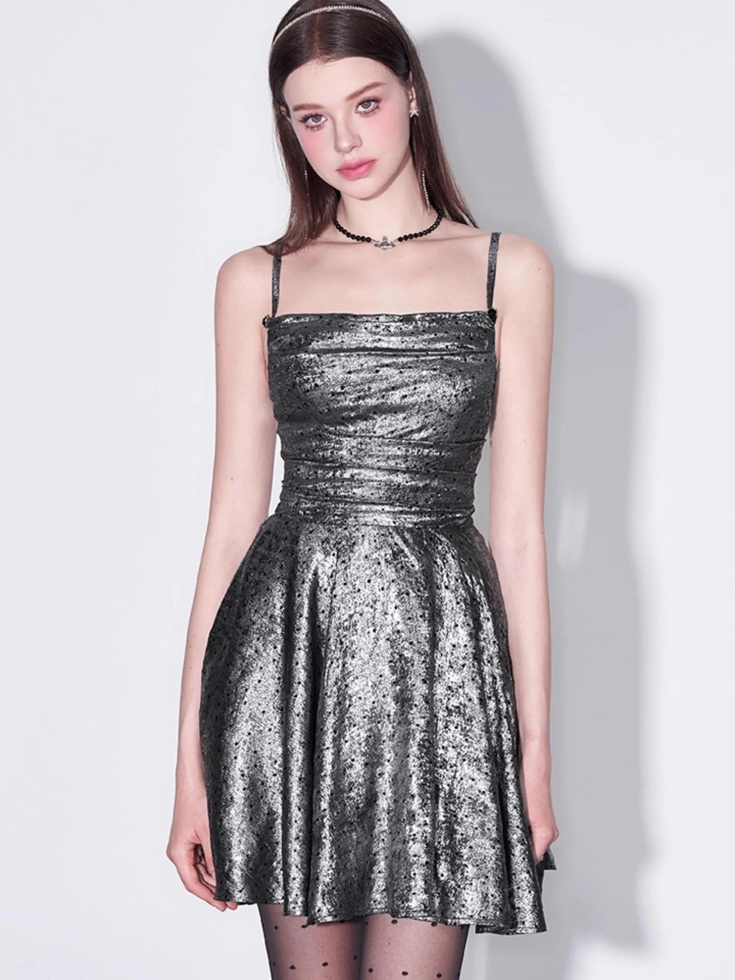 Galaxy Starry Night Metallic Satin Slip Dress V-Neck T-Shirt Long-Sleeve