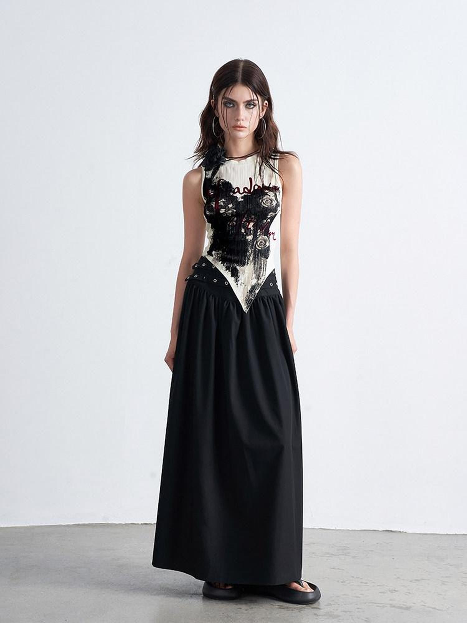 AFTADAWN Gothic Double Waist Belt Pleated High Waist Women&