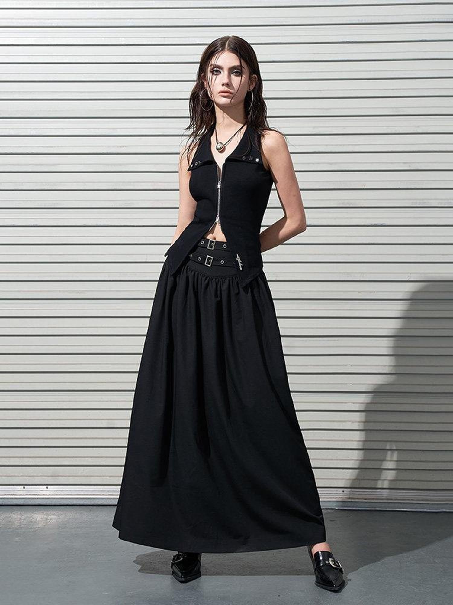 AFTADAWN Gothic Double Waist Belt Pleated High Waist Women&