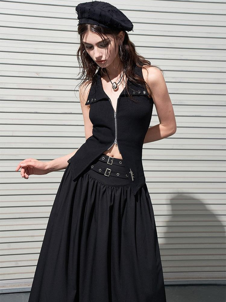 AFTADAWN Gothic Double Waist Belt Pleated High Waist Women&