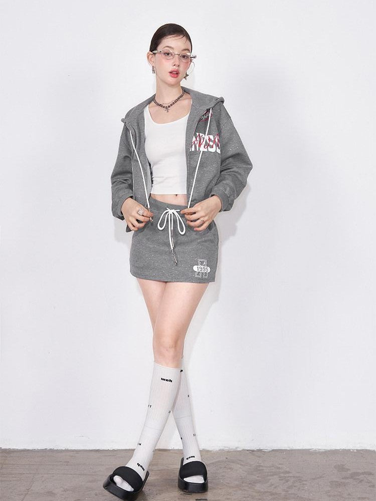 AFTADAWN Gray Air Layer Printed Hooded Zip Bodycon Women&