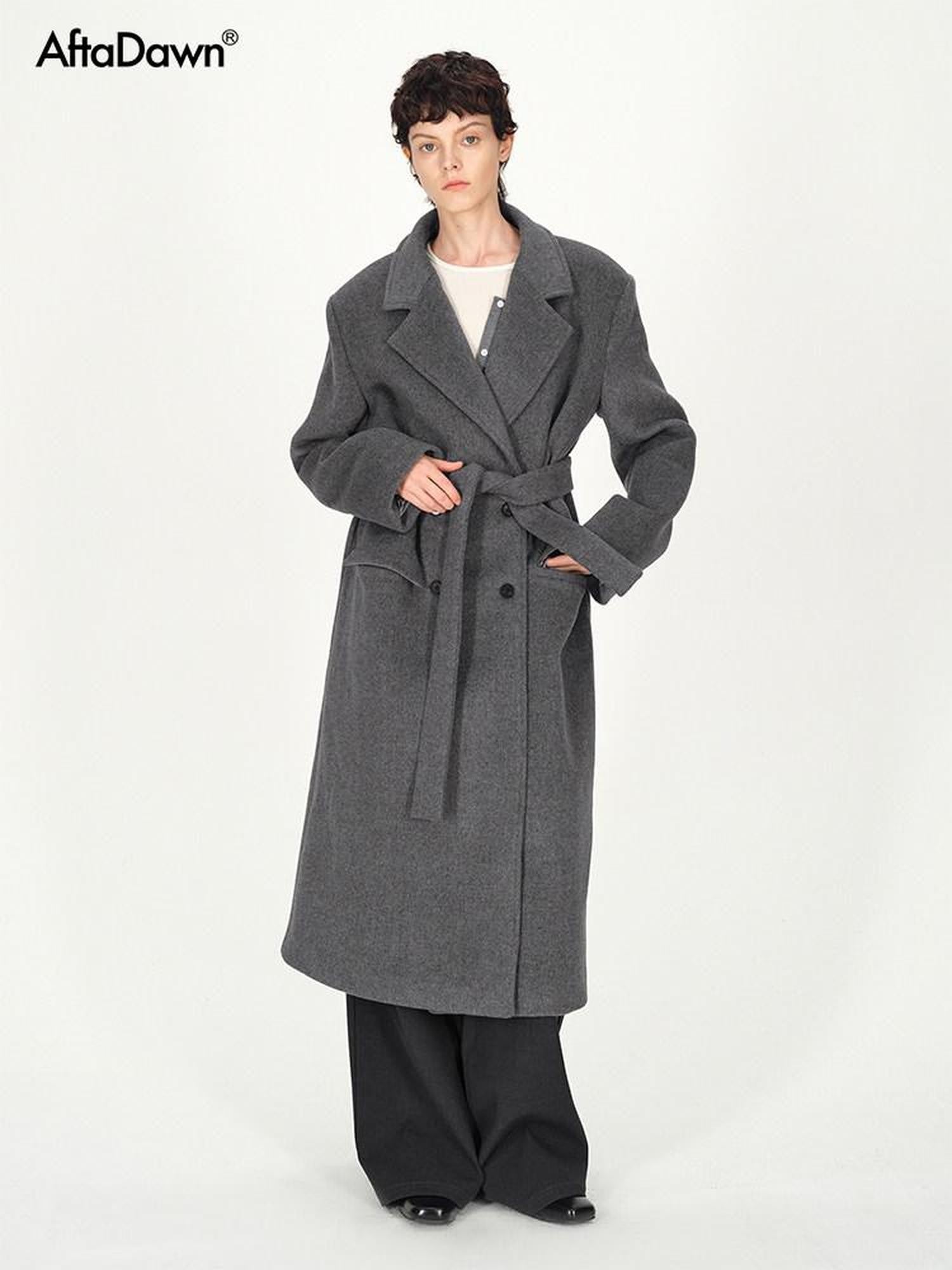 AFTADAWN Gray Double Breasted Half Collar Pocket Long Women&