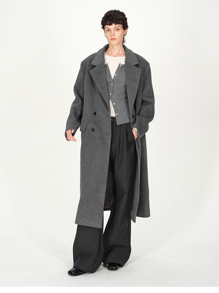 AFTADAWN Gray Double Breasted Half Collar Pocket Long Women&