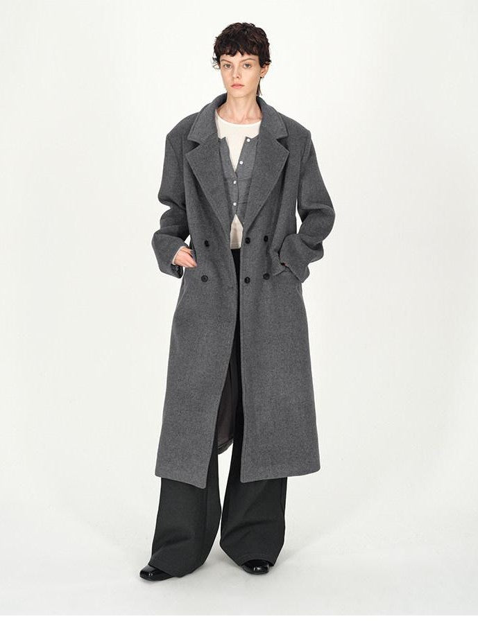 AFTADAWN Gray Double Breasted Half Collar Pocket Long Women&
