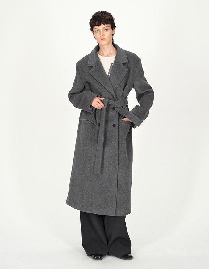AFTADAWN Gray Double Breasted Half Collar Pocket Long Women&
