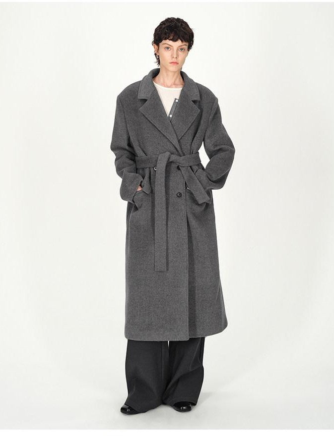AFTADAWN Gray Double Breasted Half Collar Pocket Long Women&