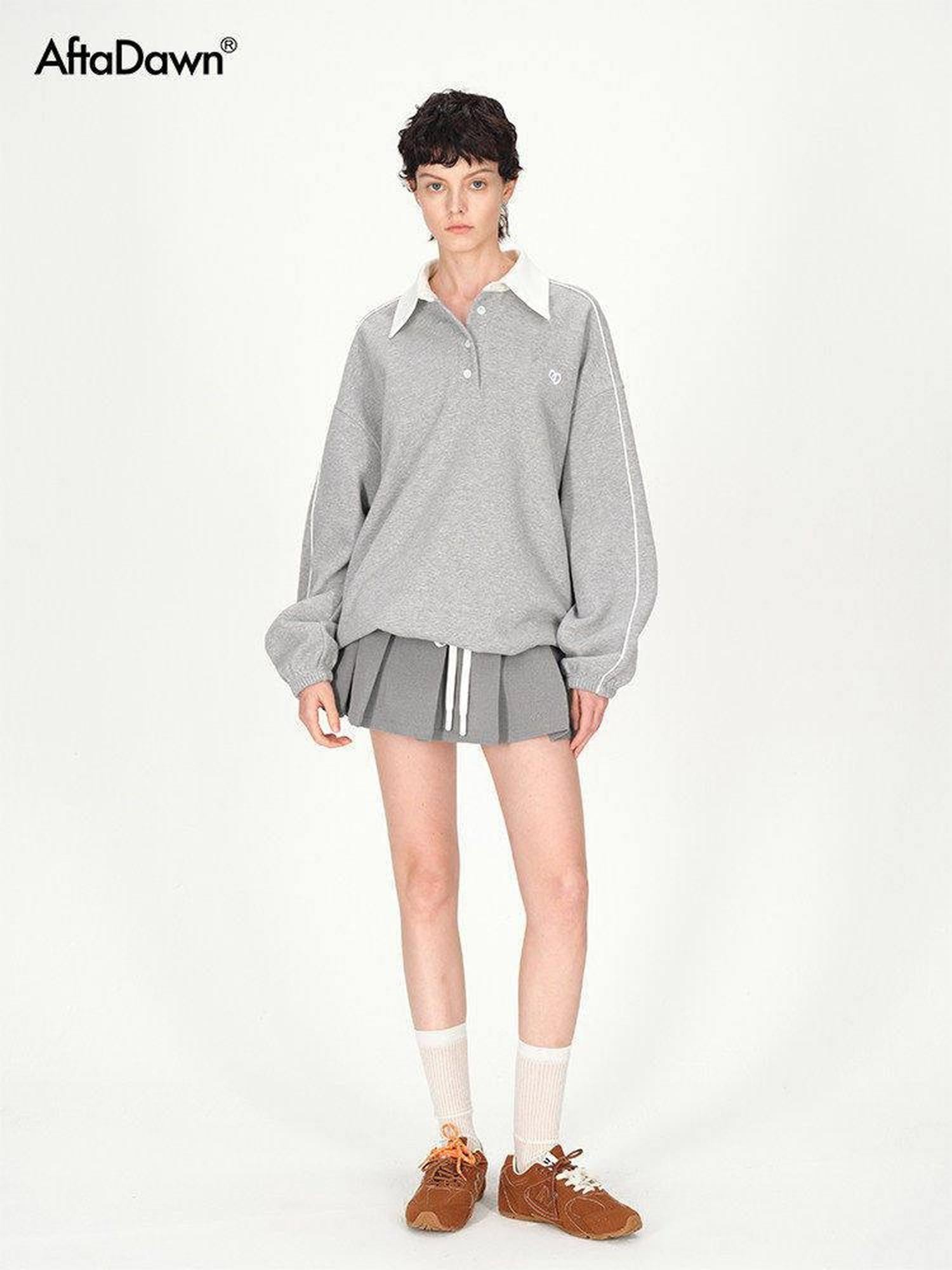AFTADAWN Gray Embroidered Polo Collar Fleece Pleated Women&