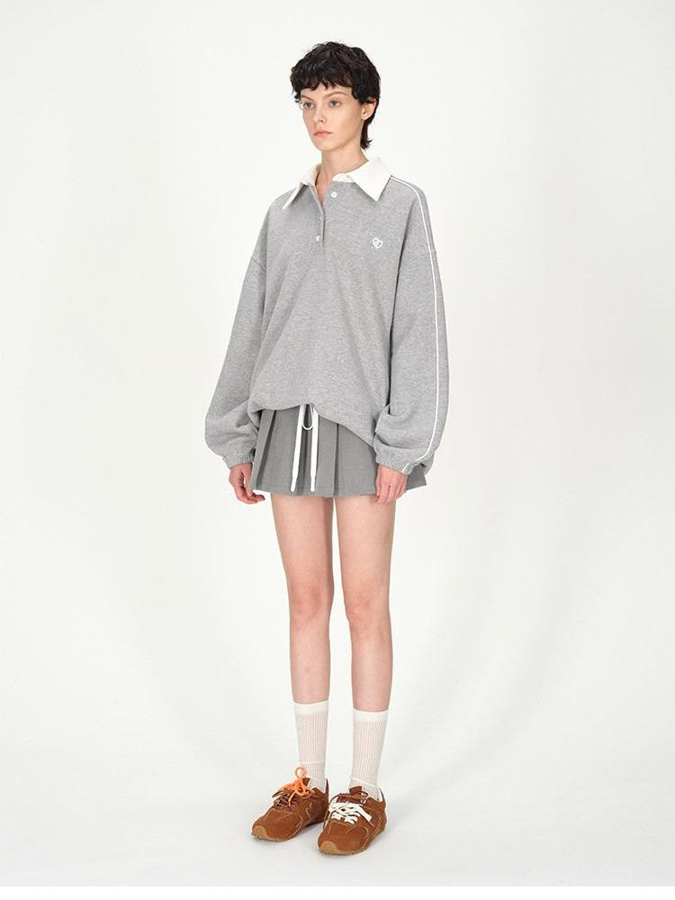AFTADAWN Gray Embroidered Polo Collar Fleece Pleated Women&