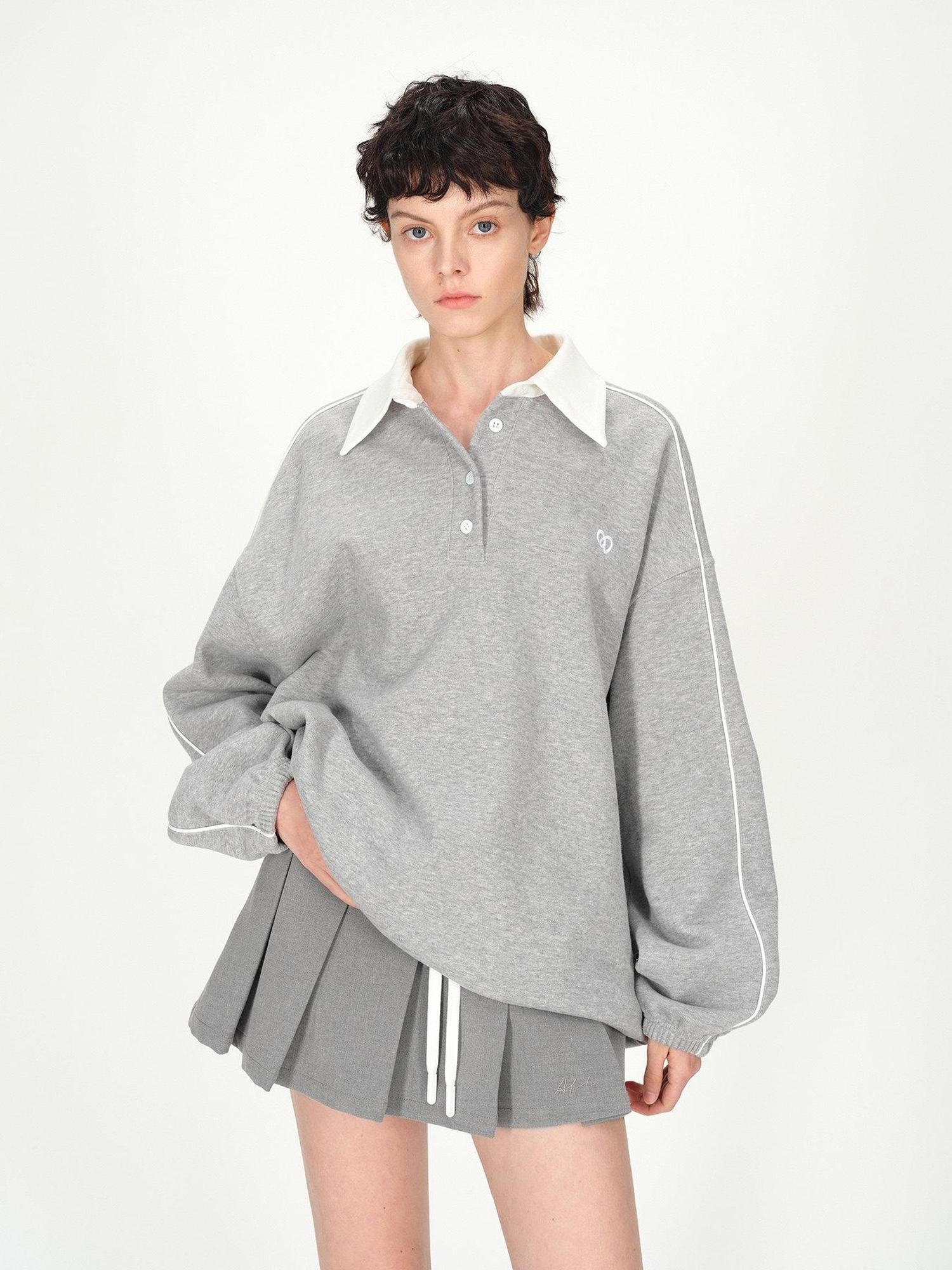 AFTADAWN Gray Embroidered Polo Collar Fleece Pleated Women&