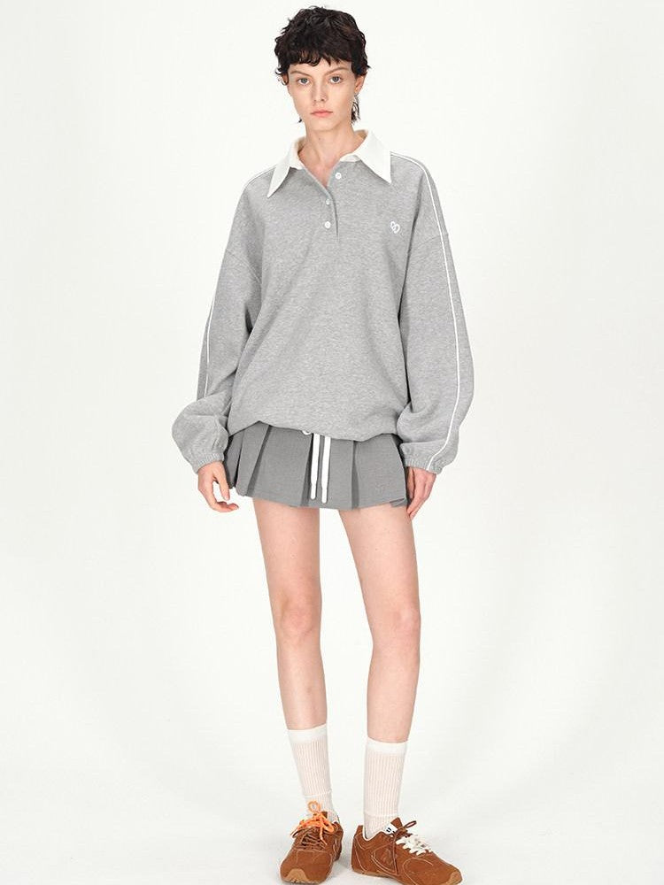AFTADAWN Gray Embroidered Polo Collar Fleece Pleated Women&