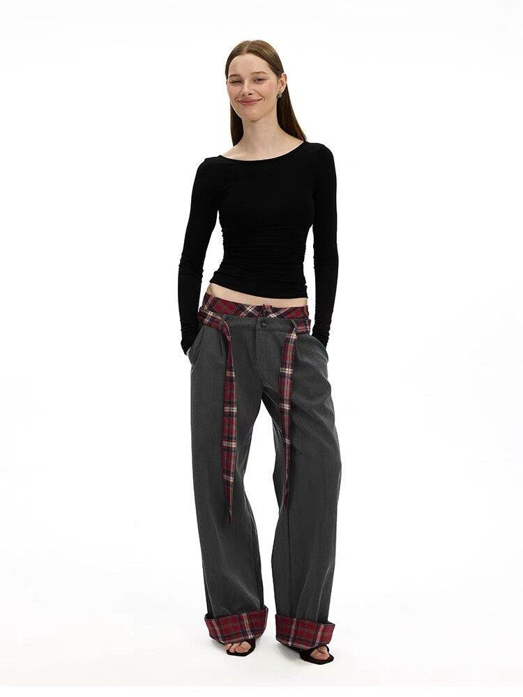 AFTADAWN Gray Plaid Waist Panel Faux Two Piece Women&