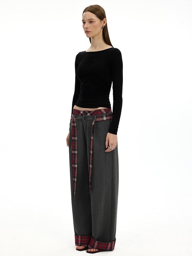AFTADAWN Gray Plaid Waist Panel Faux Two Piece Women&
