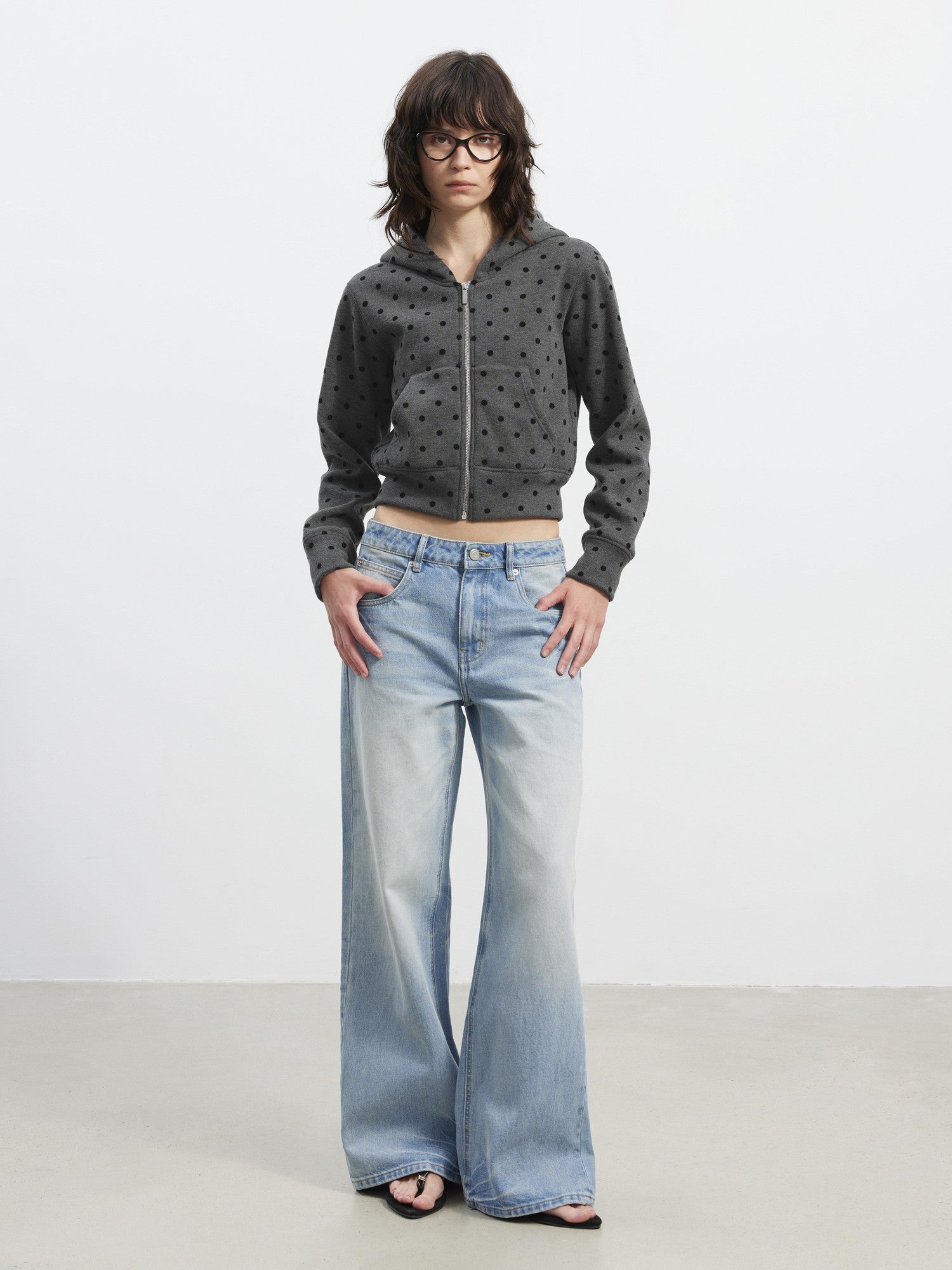 AFTADAWN Gray Polka Dot Hooded Cropped Thick Women&
