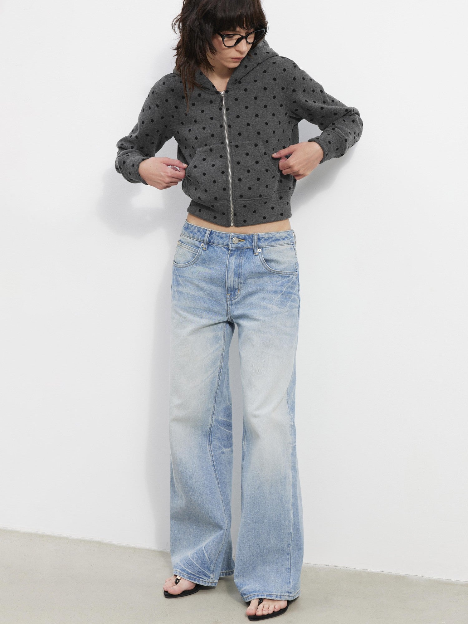 AFTADAWN Gray Polka Dot Hooded Cropped Thick Women&