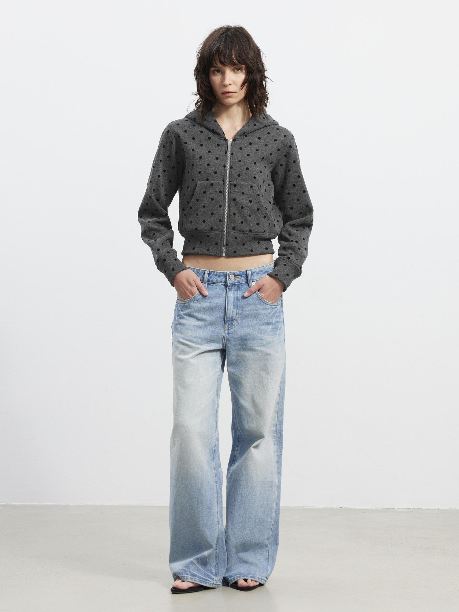 AFTADAWN Gray Polka Dot Hooded Cropped Thick Women&