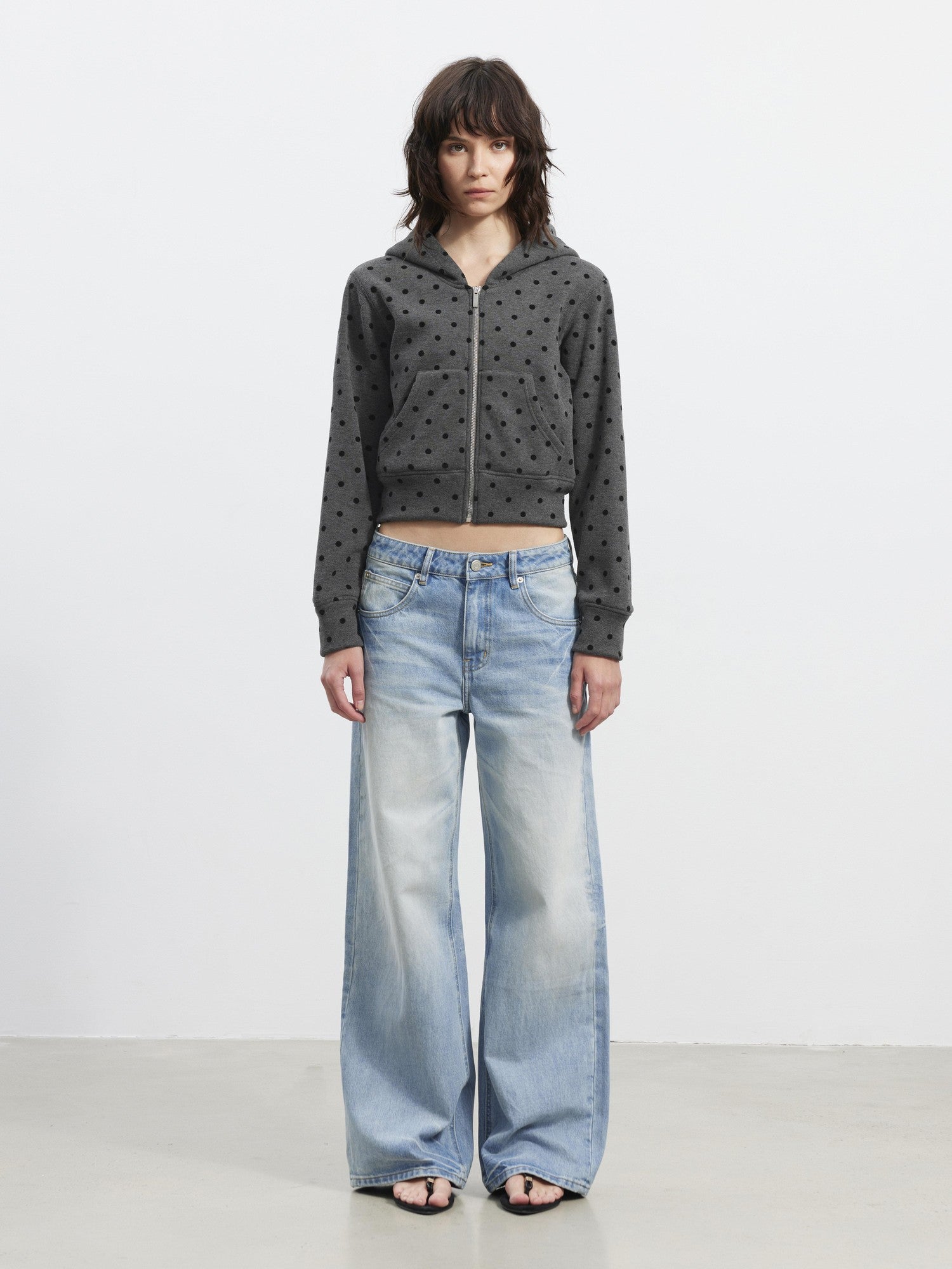 AFTADAWN Gray Polka Dot Hooded Cropped Thick Women&