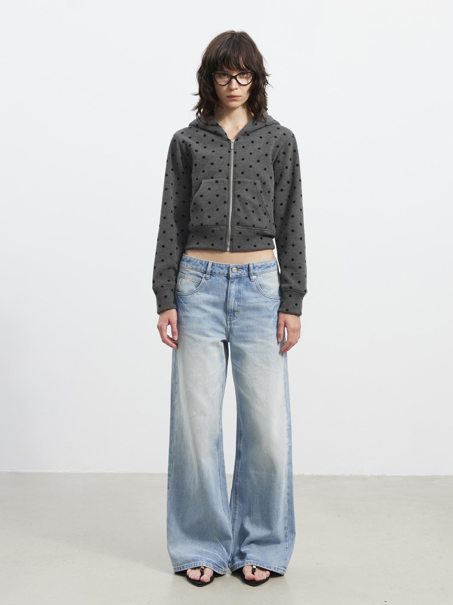 AFTADAWN Gray Polka Dot Hooded Cropped Thick Women&