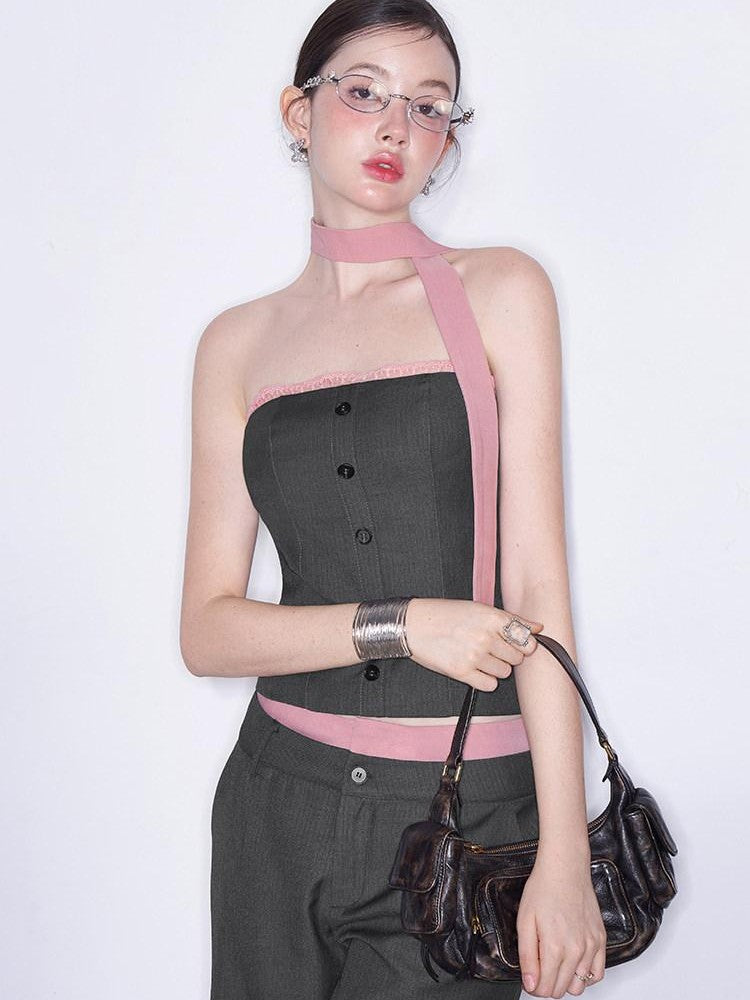 AFTADAWN Gray Spliced Halter Button Vest Women&