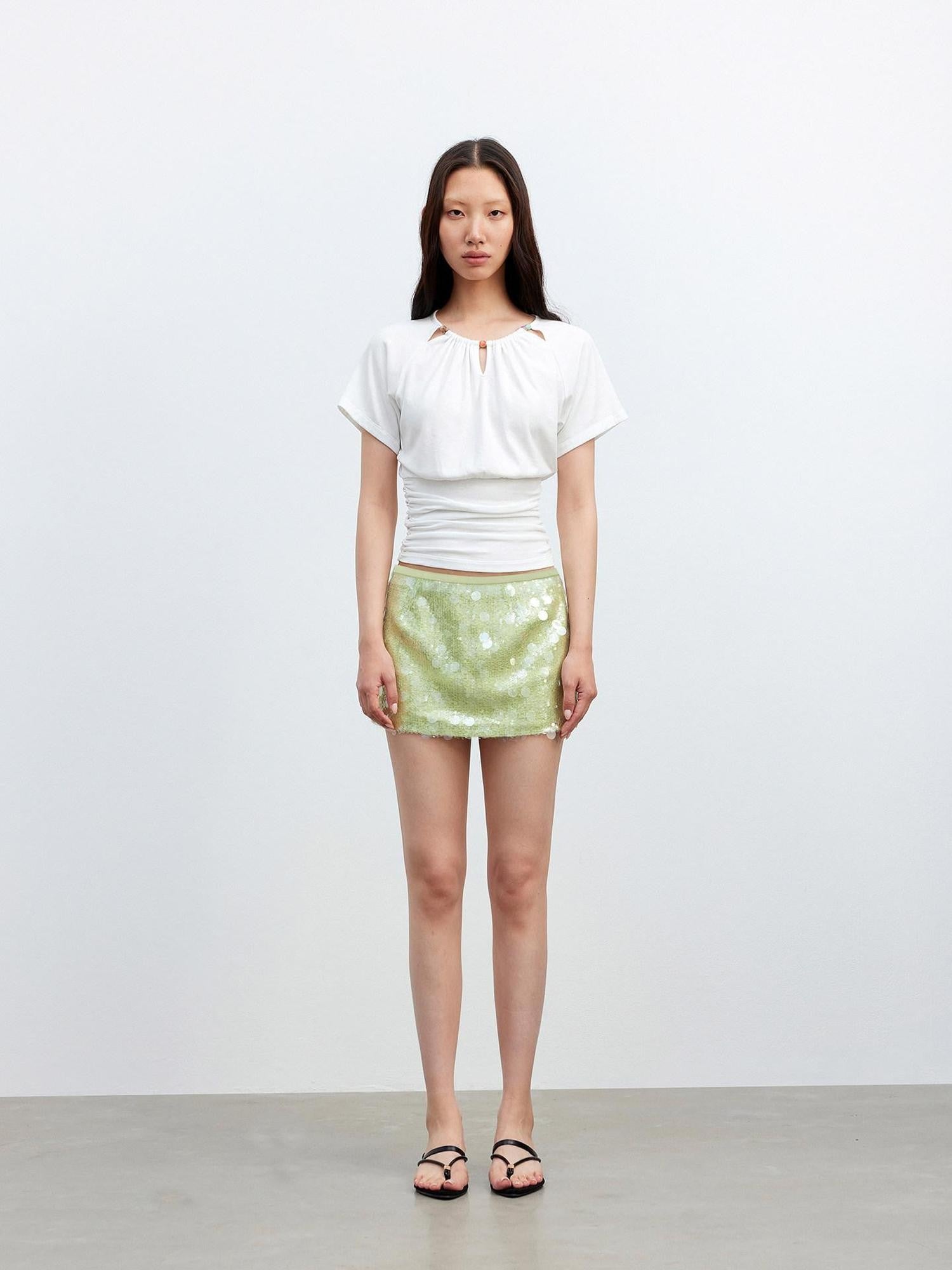 AFTADAWN Green Irregular Mesh Heavy Sequin Low Waist Women&