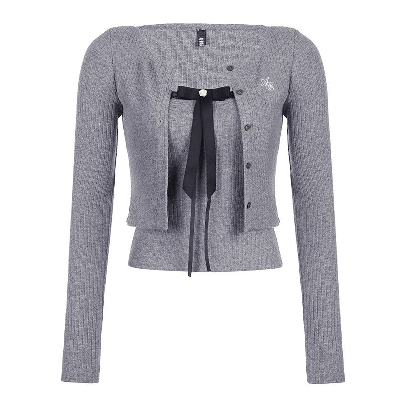 AFTADAWN_Grey_Bow_Cardigan_Pleated_Skirt_Women&