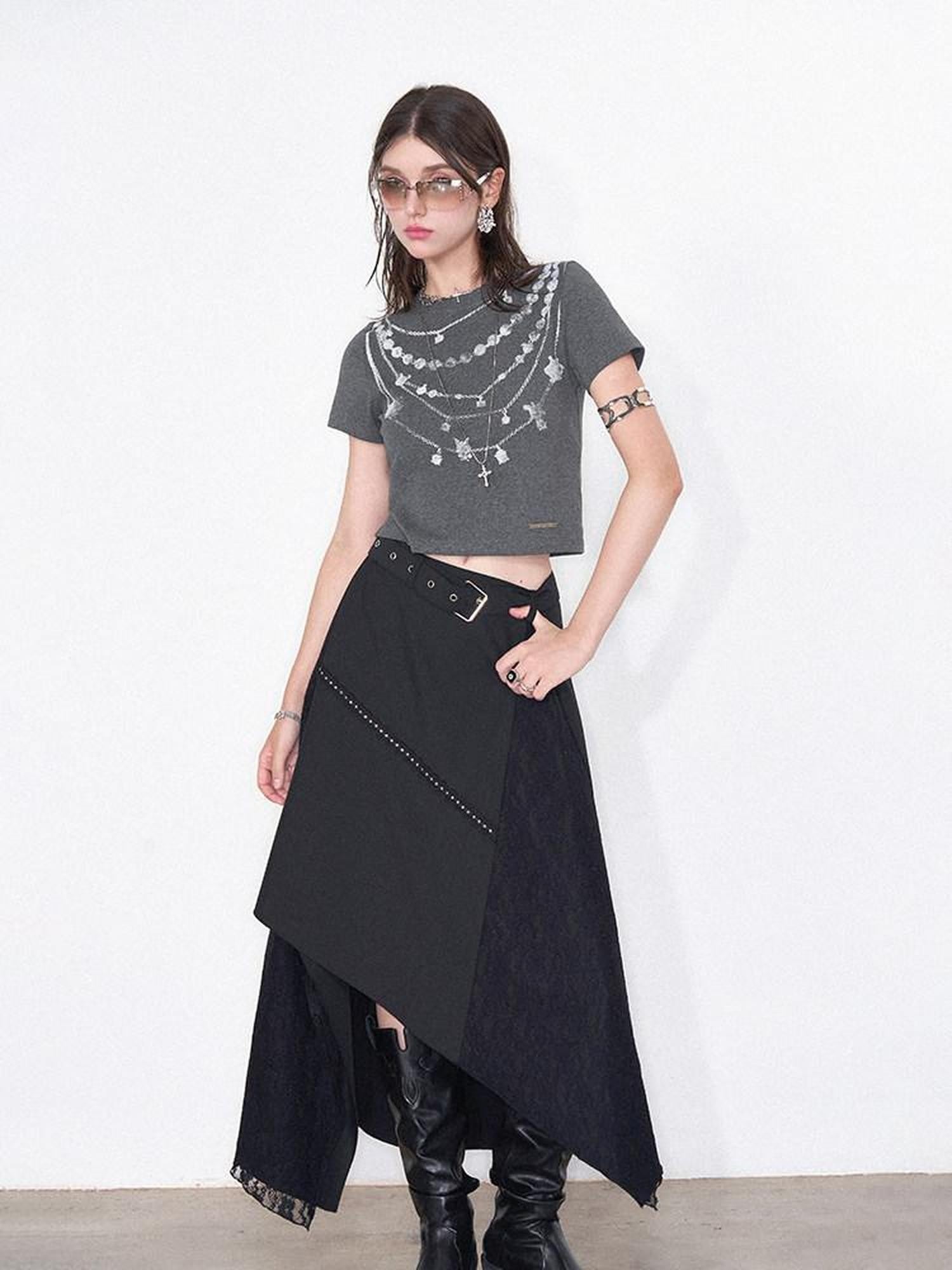 AFTADAWN Grey Necklace Print Irregular Lace Women&