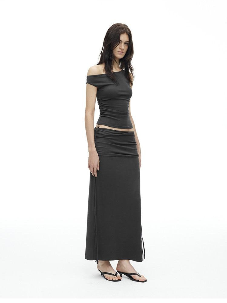 AFTADAWN Grey One Shoulder Ruched Slit Midi Slim Fit Women&
