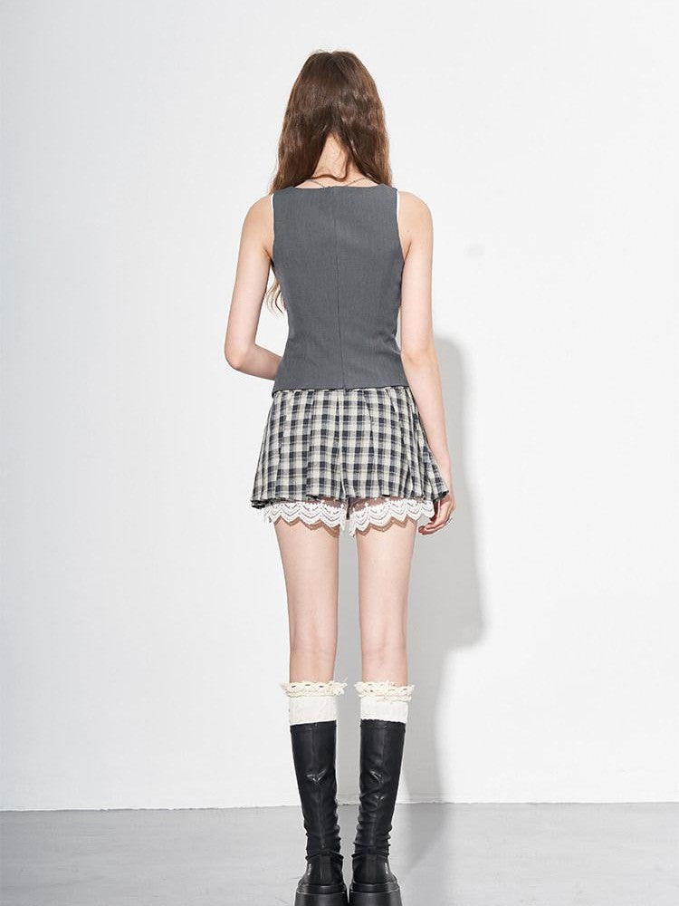 AFTADAWN Grey Plaid Bow Cutout Slit Square Neck Blazer Vest Women&