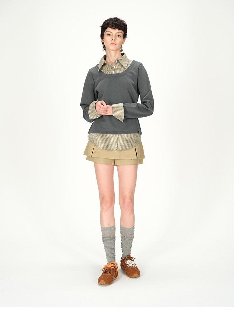 AFTADAWN Grey Plaid Spliced Faux Two Piece Polo Women&