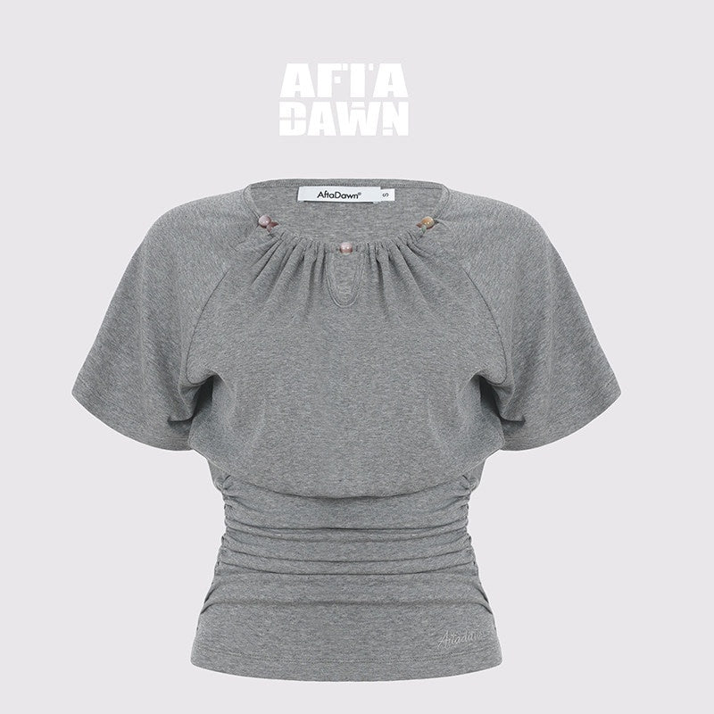 AFTADAWN_Grey_Ruched_Beaded_Cutout_Round_Neck_Slim_Women&