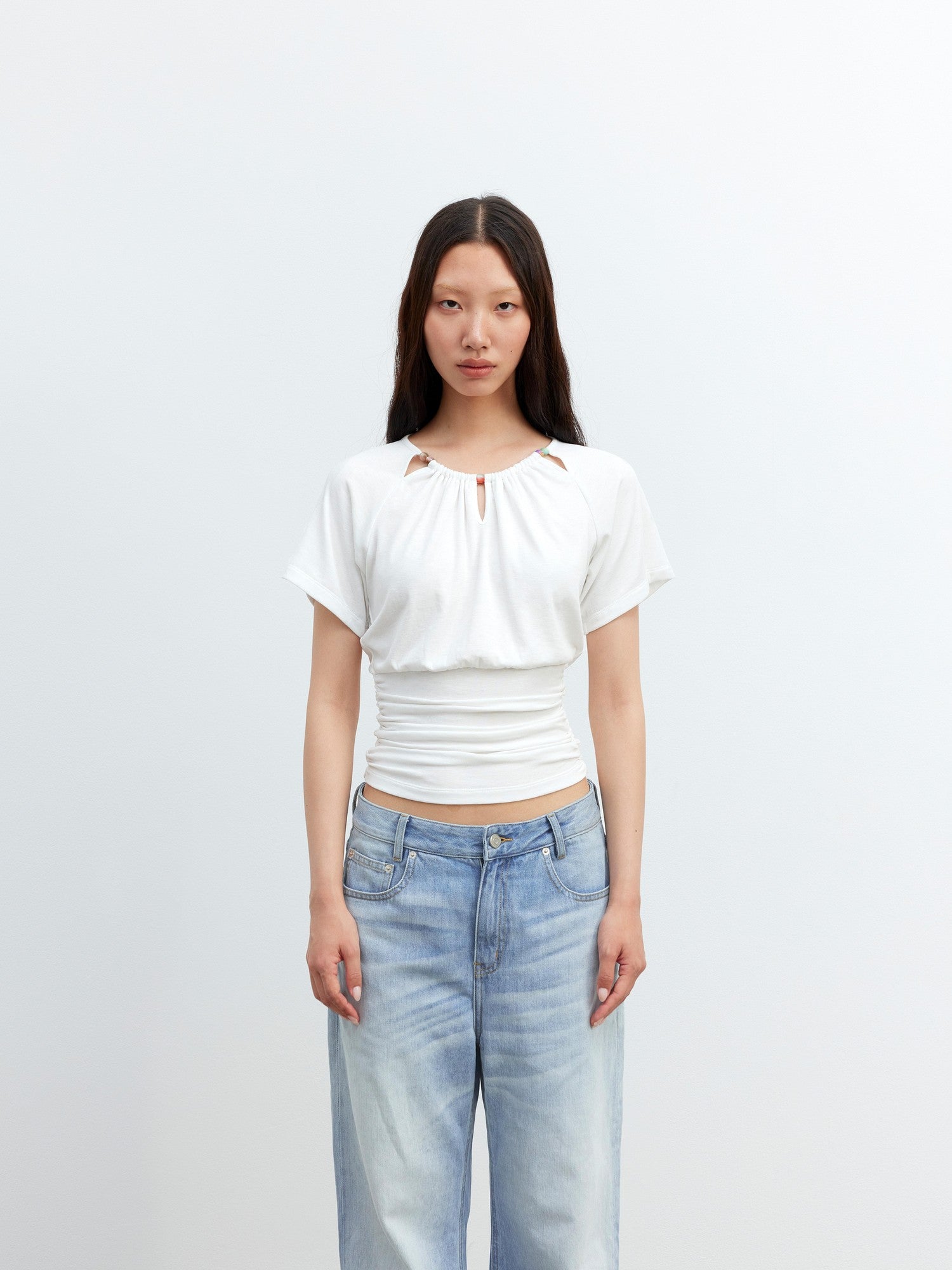 AFTADAWN Grey Ruched Beaded Cutout Round Neck Slim Women&