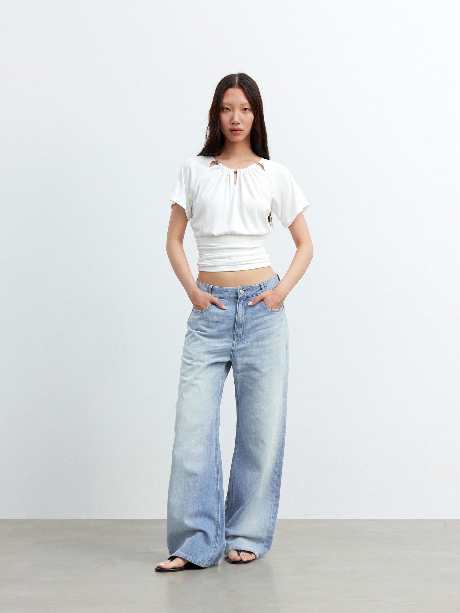 AFTADAWN Grey Ruched Beaded Cutout Round Neck Slim Women&