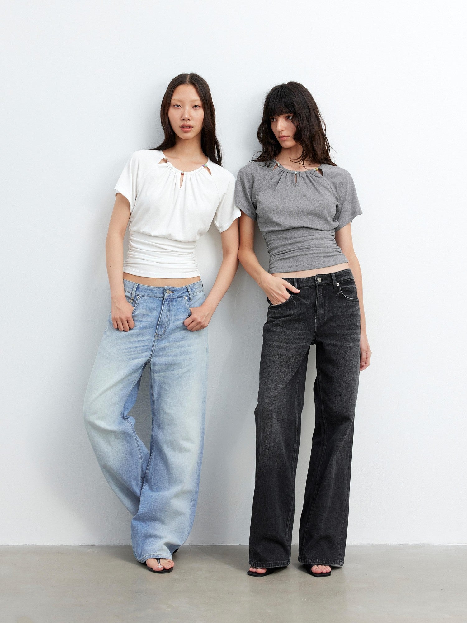 AFTADAWN Grey Ruched Beaded Cutout Round Neck Slim Women&