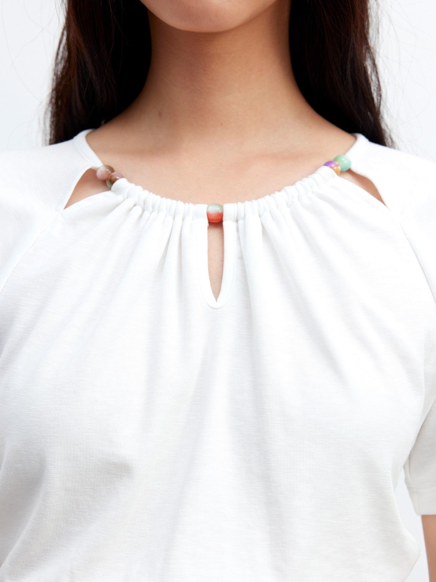 AFTADAWN Grey Ruched Beaded Cutout Round Neck Slim Women&