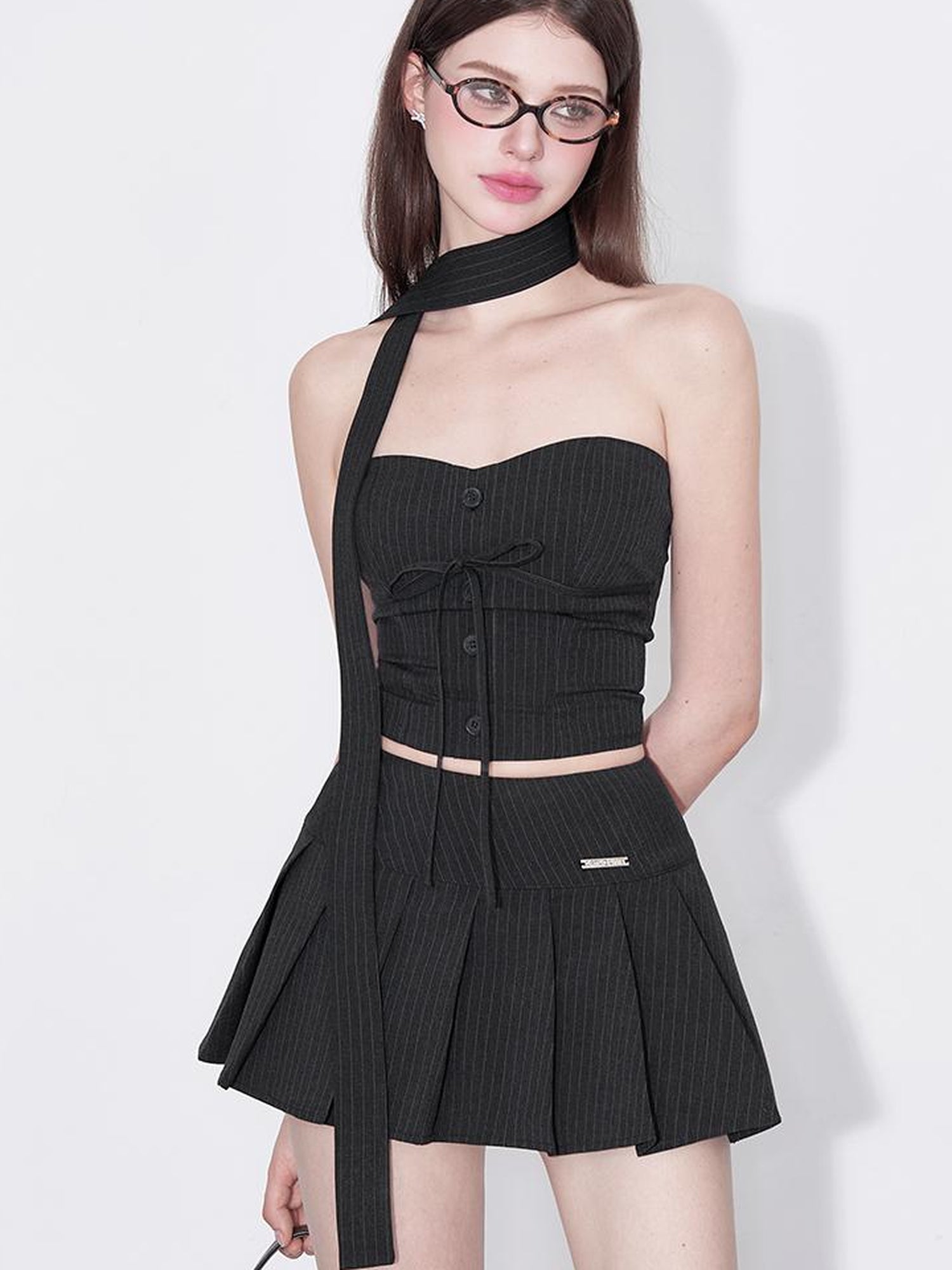 AFTADAWN Halter Neck Bow Tie Bustier Top Pleated Skirt Set