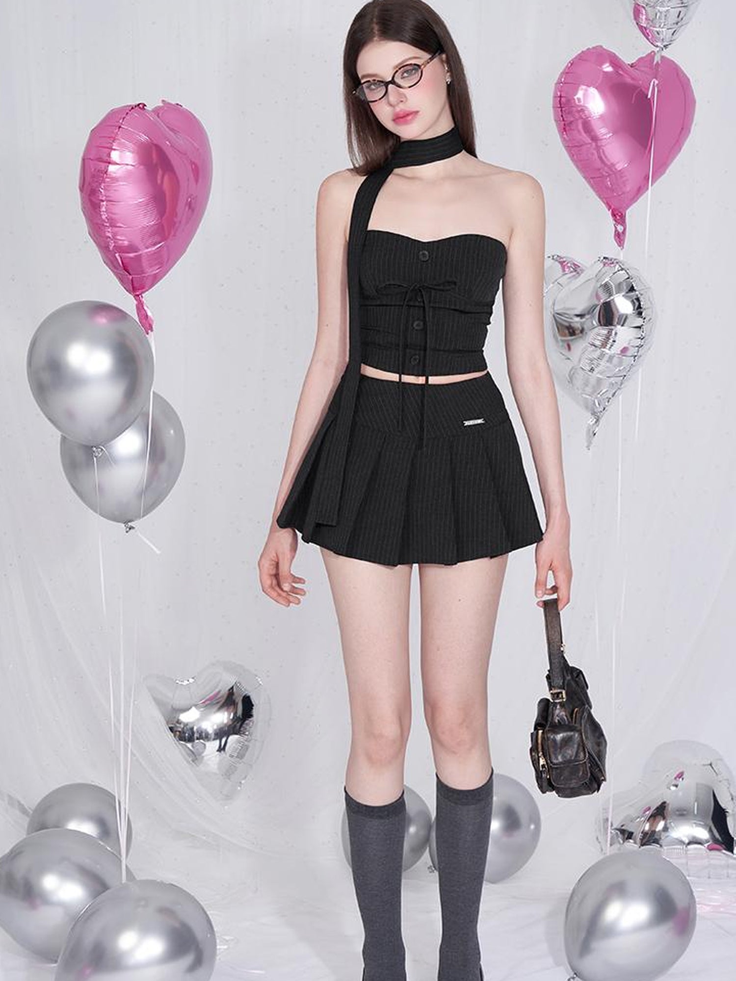 AFTADAWN Halter Neck Bow Tie Bustier Top Pleated Skirt Set