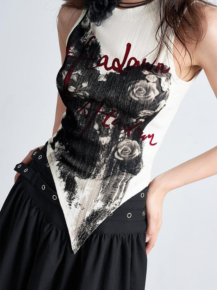 AFTADAWN Hand Painted Distressed Rose Print Asymmetric Slim Fit Women&