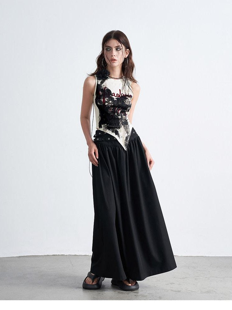 AFTADAWN Hand Painted Distressed Rose Print Asymmetric Slim Fit Women&