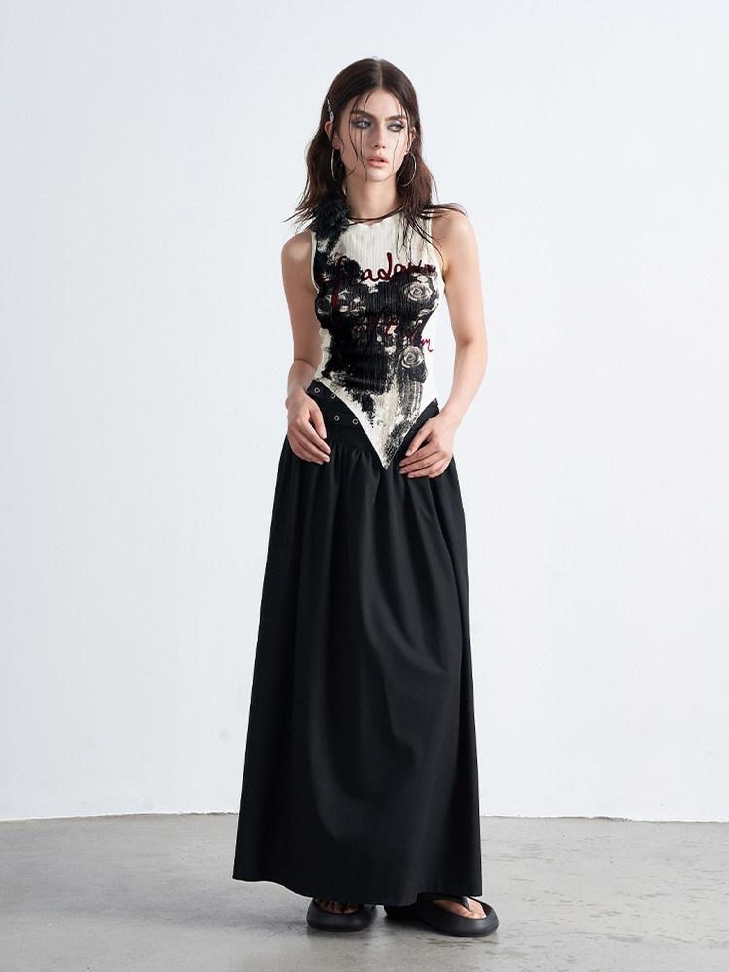 AFTADAWN Hand Painted Distressed Rose Print Asymmetric Slim Fit Women&
