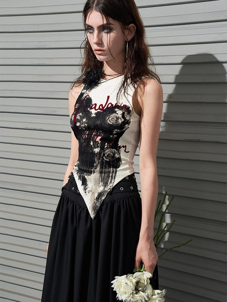 AFTADAWN Hand Painted Distressed Rose Print Asymmetric Slim Fit Women&