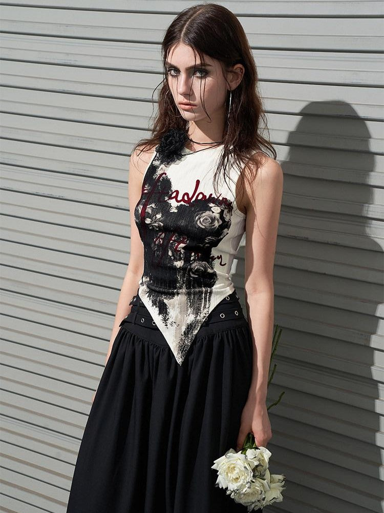AFTADAWN Hand Painted Distressed Rose Print Asymmetric Slim Fit Women&