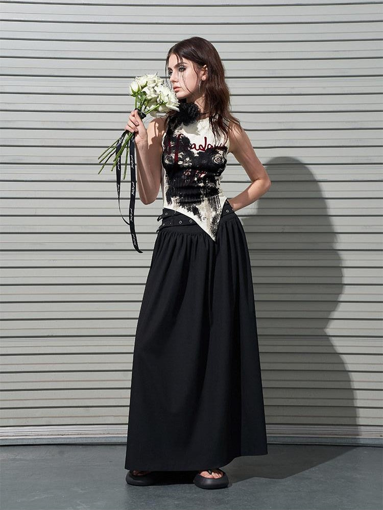 AFTADAWN Hand Painted Distressed Rose Print Asymmetric Slim Fit Women&