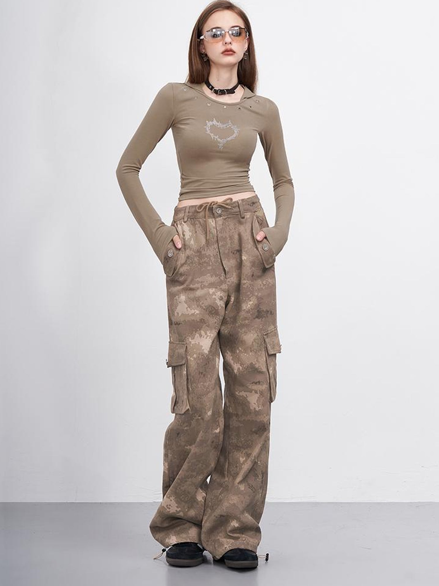 Heart Flame Print Hooded Long Sleeve Top