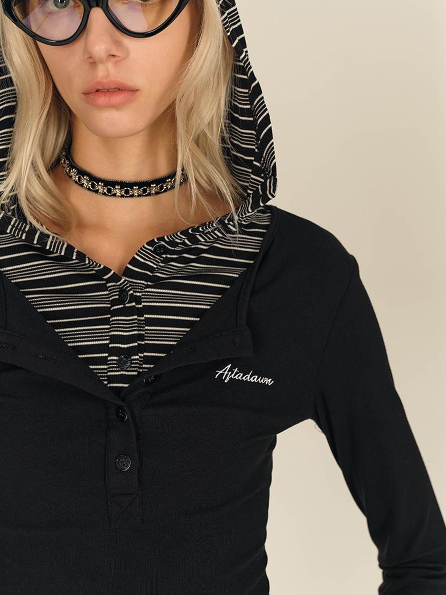 AFTADAWN Henry Collar Lyocell Modal Long Sleeve Layered Hooded Shirt