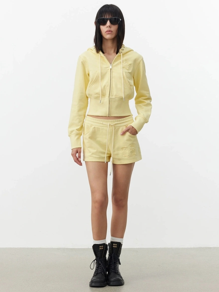 AFTADAWN High Density Cotton Drawstring Hoodie Embroidered Shorts Set Sport Suits