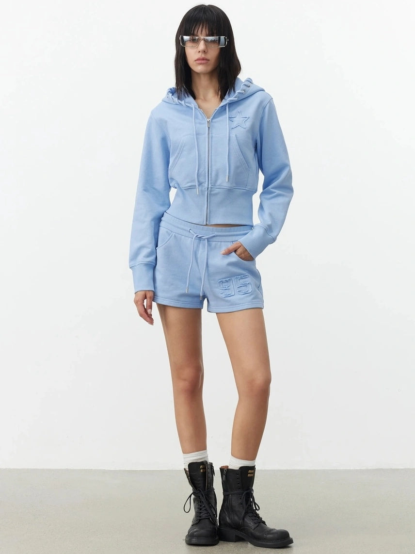 AFTADAWN High Density Cotton Drawstring Hoodie Embroidered Shorts Set Sport Suits