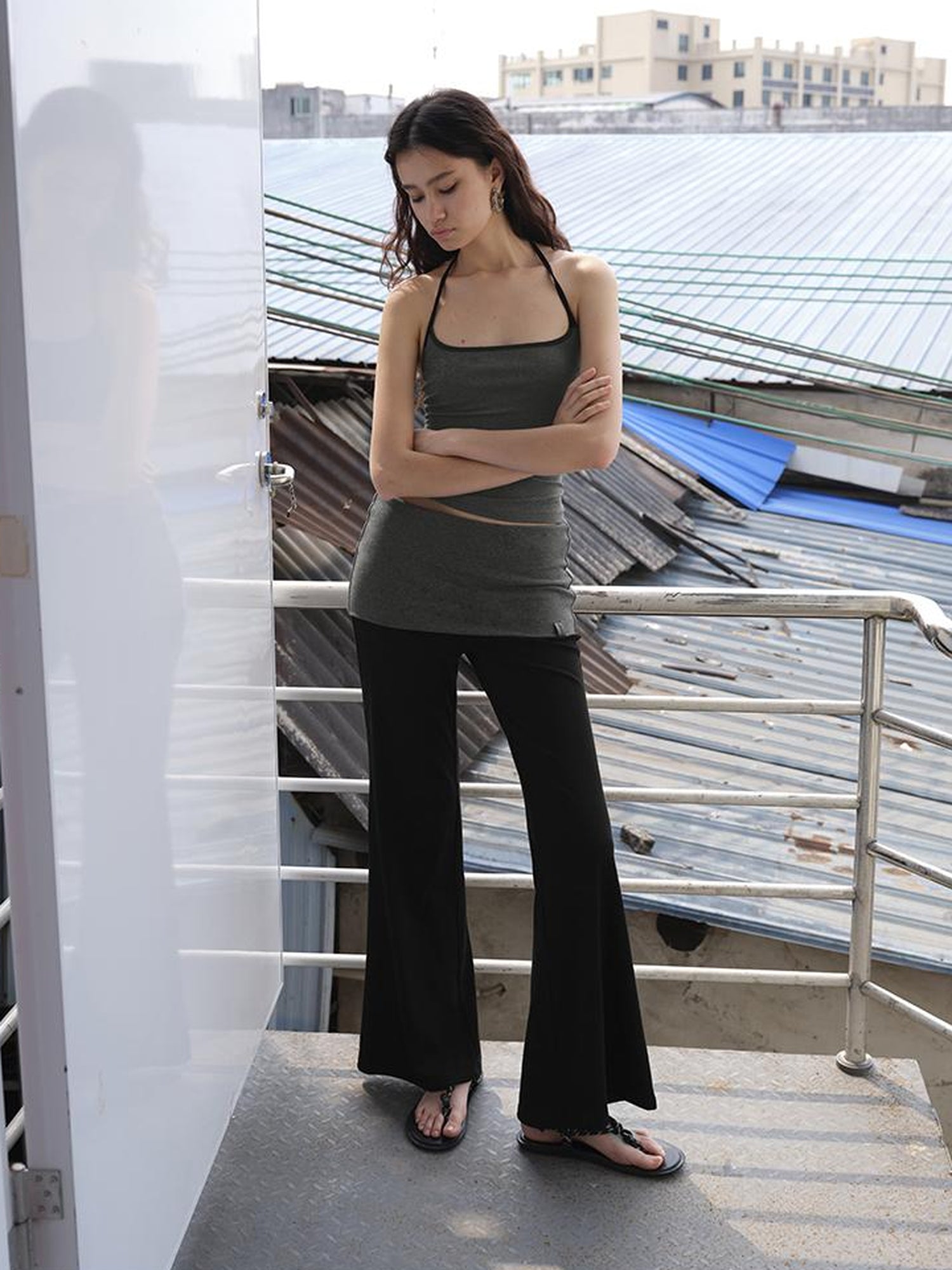 AFTADAWN High Elasticity Contrast Backless Halter Top with Tapered Waist Fold Pants