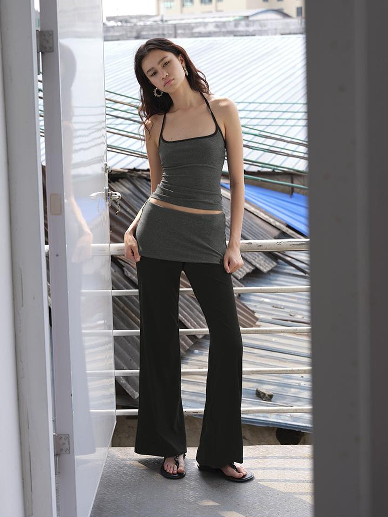 AFTADAWN High Elasticity Contrast Backless Halter Top with Tapered Waist Fold Pants