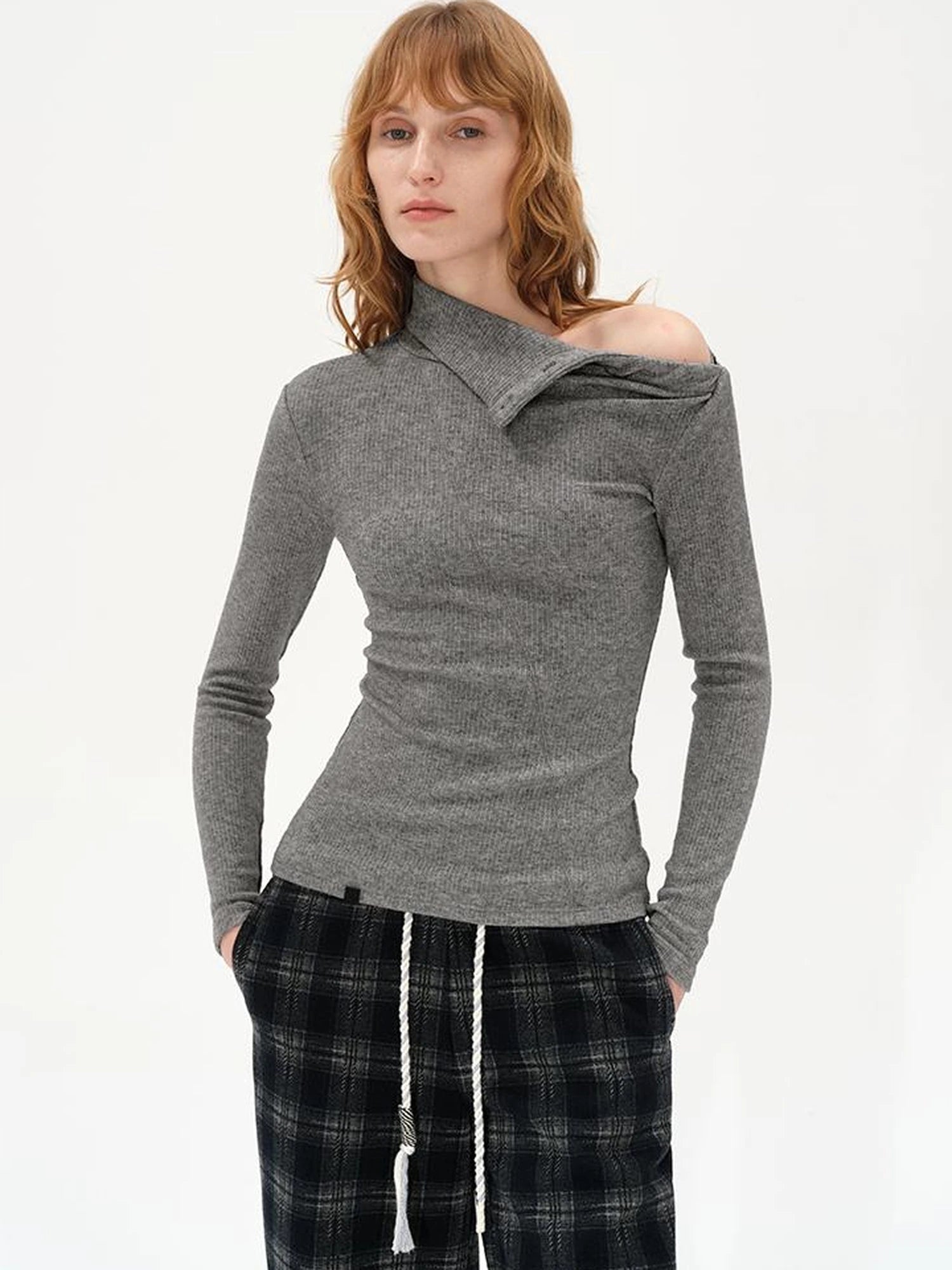 High Neck Asymmetric Button Knit Sweater