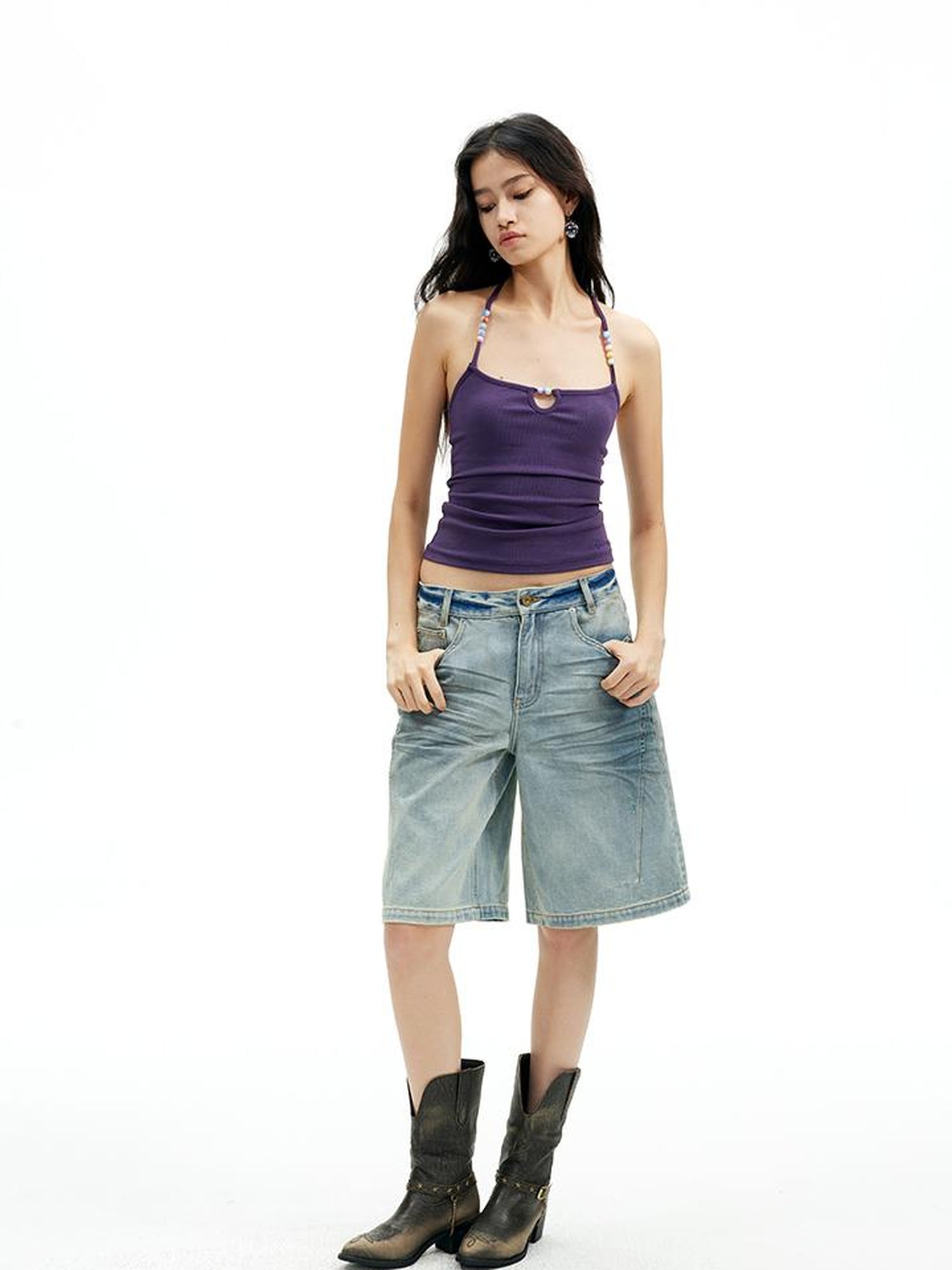 AFTADAWN High Neck Ribbed Cotton Backless Beaded Detail Tank Top