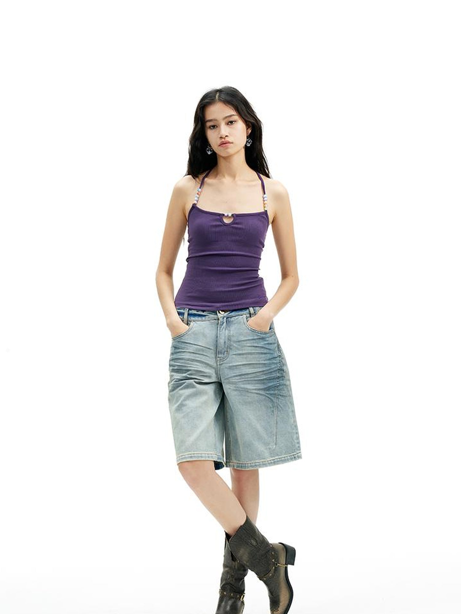 AFTADAWN High Neck Ribbed Cotton Backless Beaded Detail Tank Top